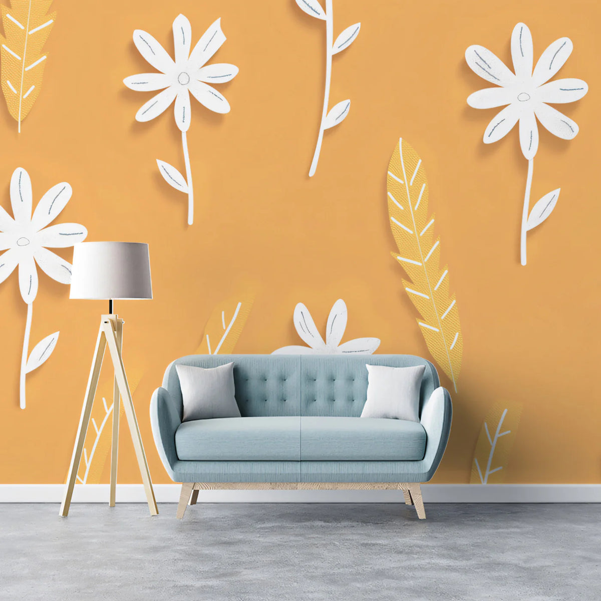 Modern Floral Mural Wallpaper Graphic Orange & White Print Mural Wallpaper - pure wallpaper artwork