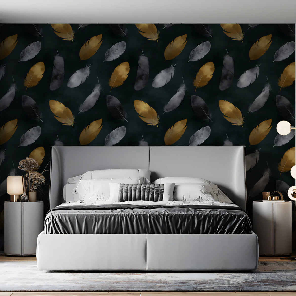Floating Feather Mural Wallpaper in Gold and Charcoal Mural Wallpaper - pure wallpaper artwork