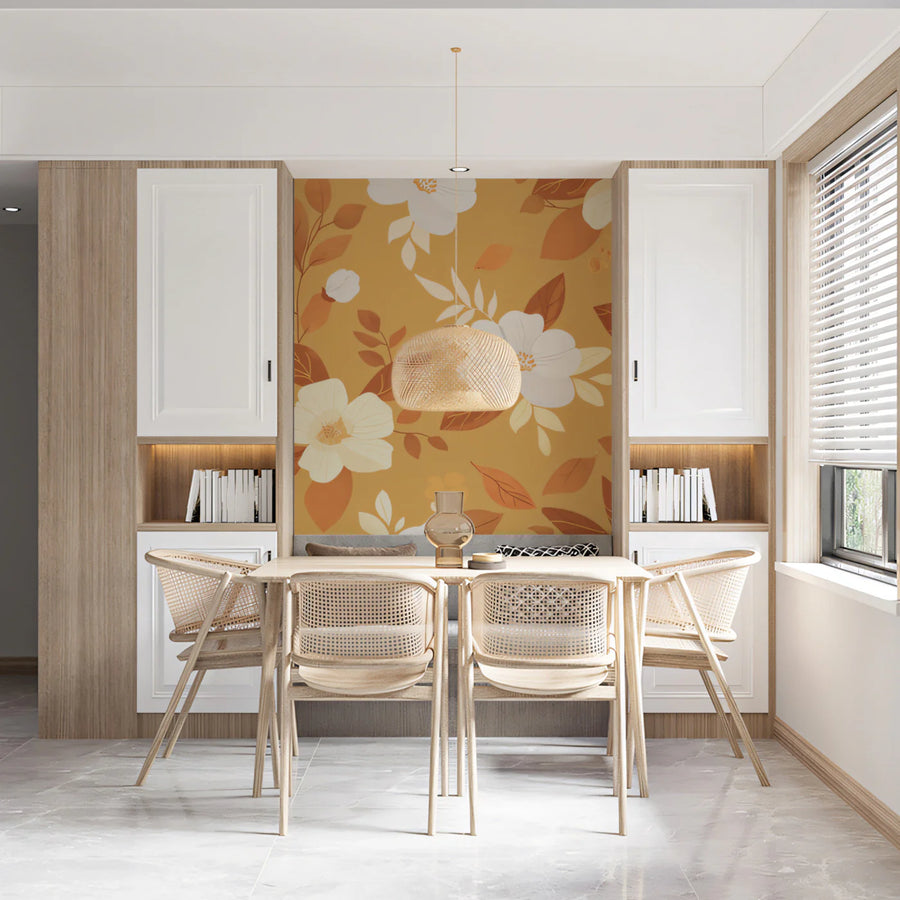 Autumn Botanical Mural Wallpaper — Warm Mustard and White Floral Mural Wallpaper