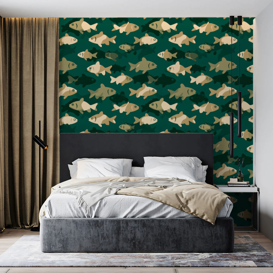 Stylized Fish Mural Wallpaper — Modern Deep Teal Marine Design Mural Wallpaper