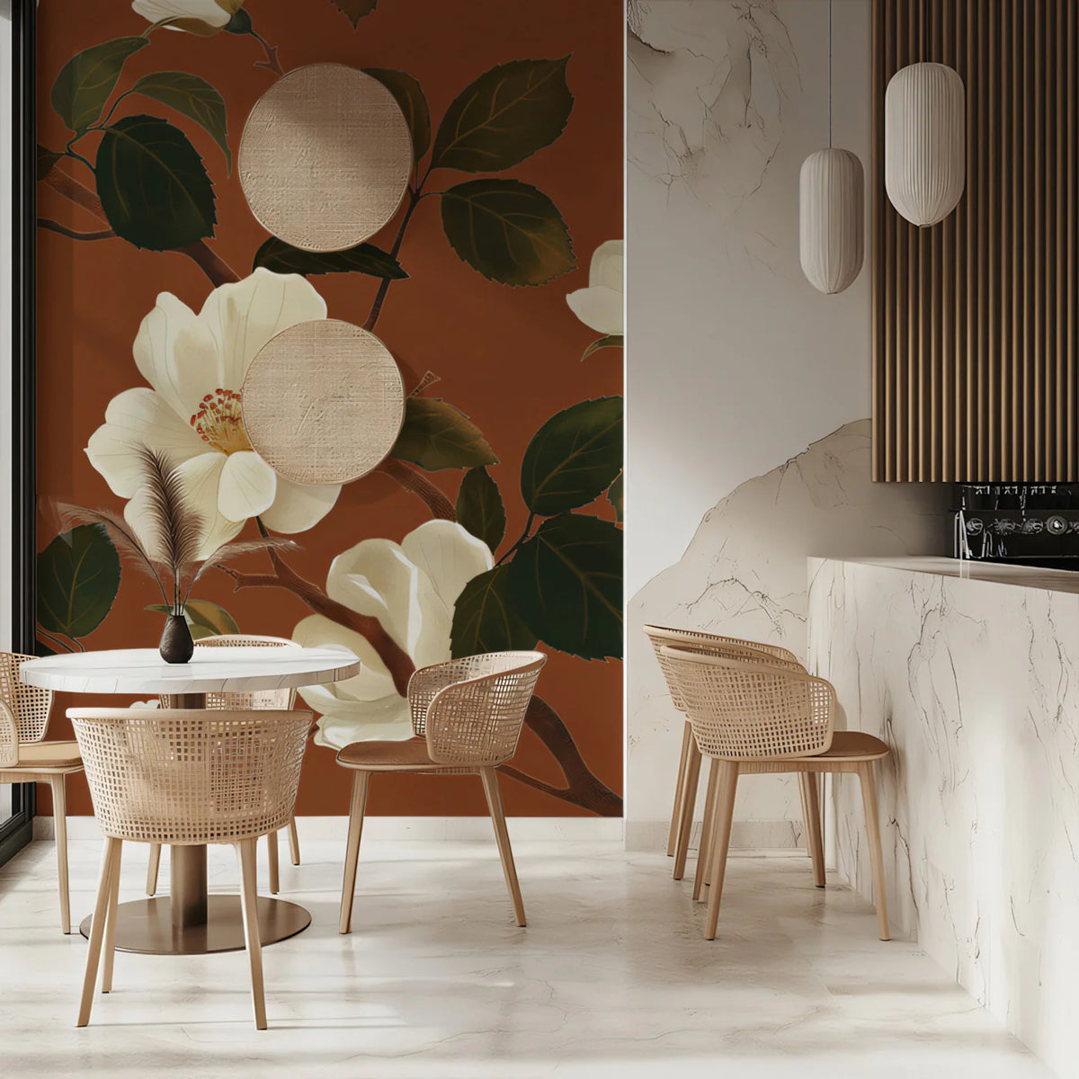 White Blossom Mural Wallpaper — Terracotta Botanical Art Mural Wallpaper - pure wallpaper artwork