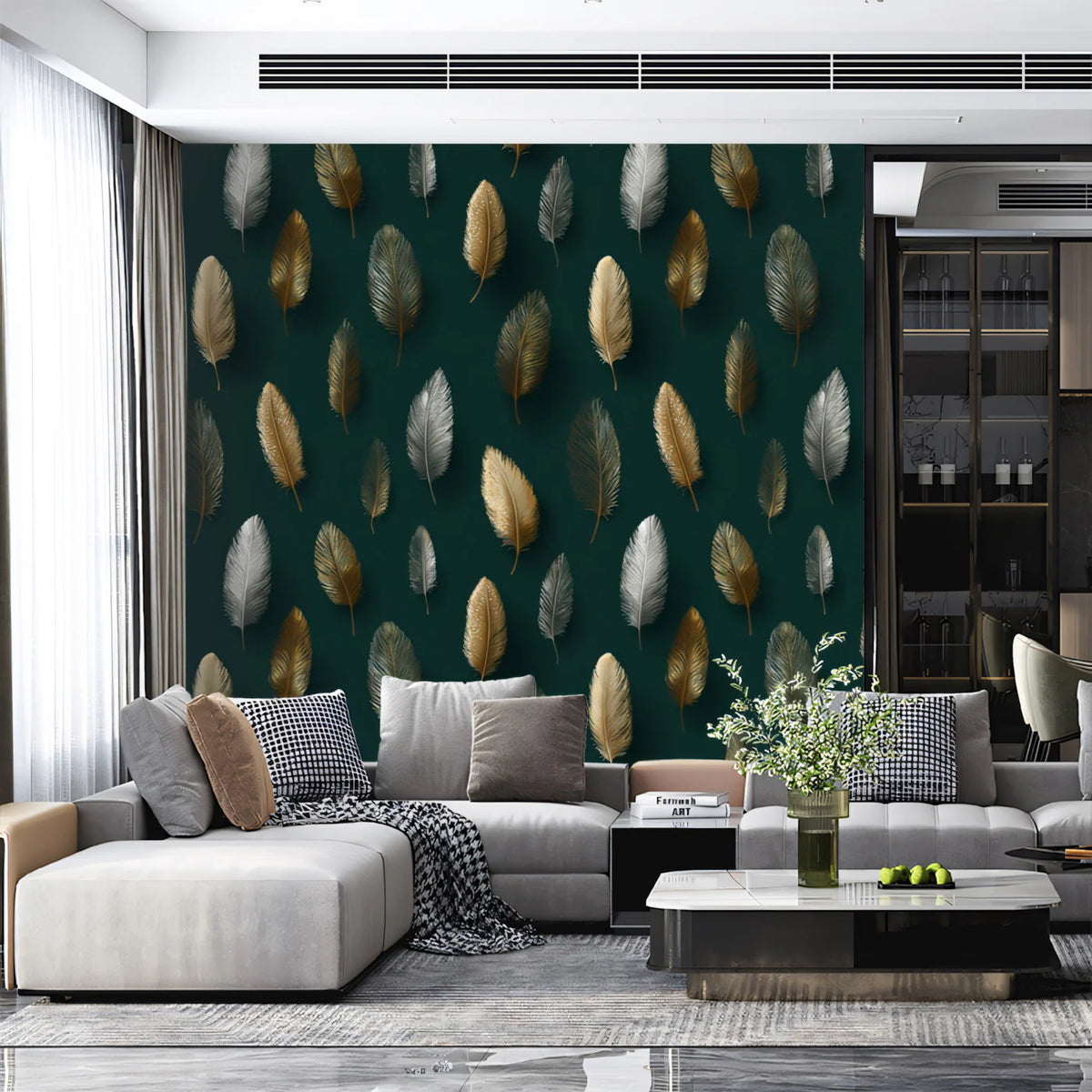 Floating Feather Mural Wallpaper — Modern Metallic Gold and Silver Mural Wallpaper - pure wallpaper artwork
