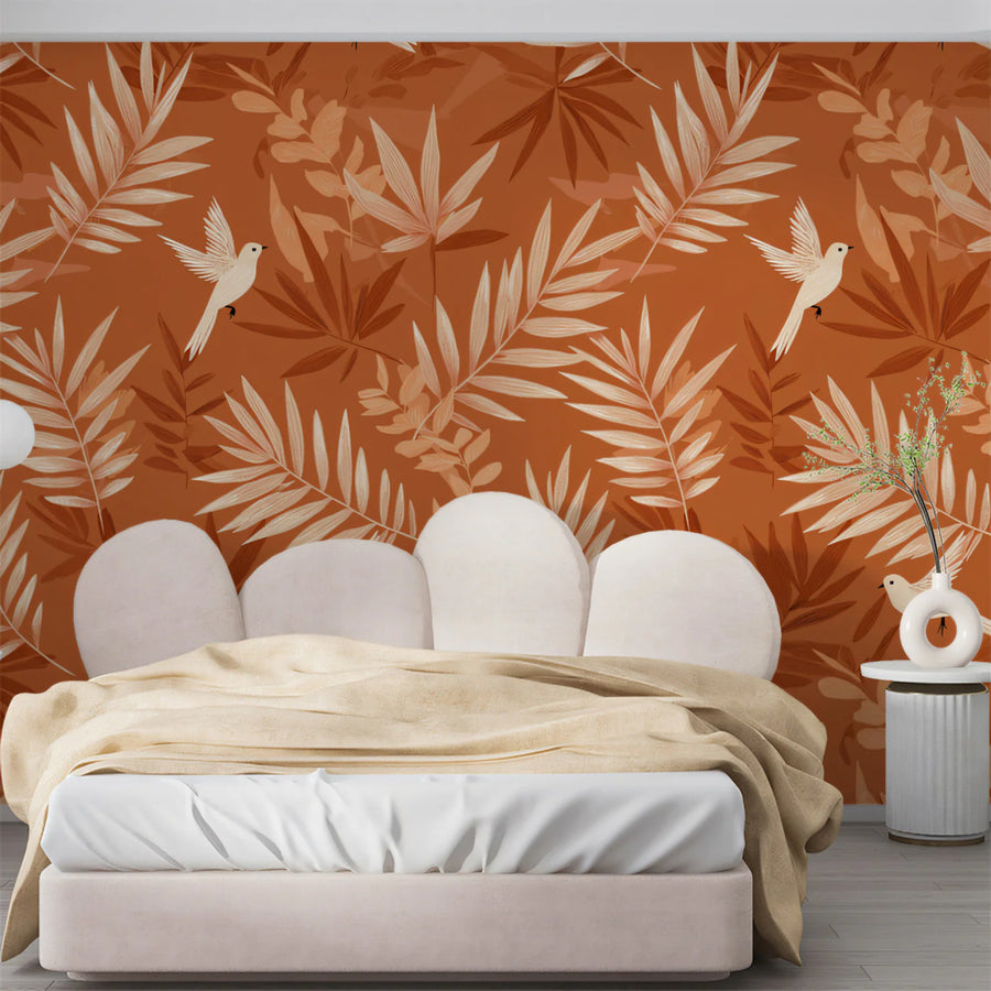 Terracotta Botanical Bird Mural Wallpaper — Artistic Nature Print Mural Wallpaper