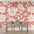 Retro Daisy Floral Mural Wallpaper —Bright Coral and White Mural Wallpaper - pure wallpaper artwork