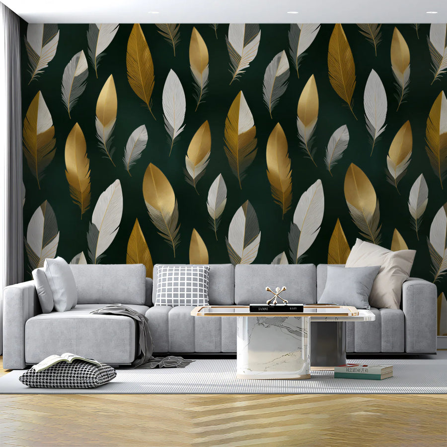 Gilded Feather Pattern Mural Wallpaper in Deep Forest Green Mural Wallpaper
