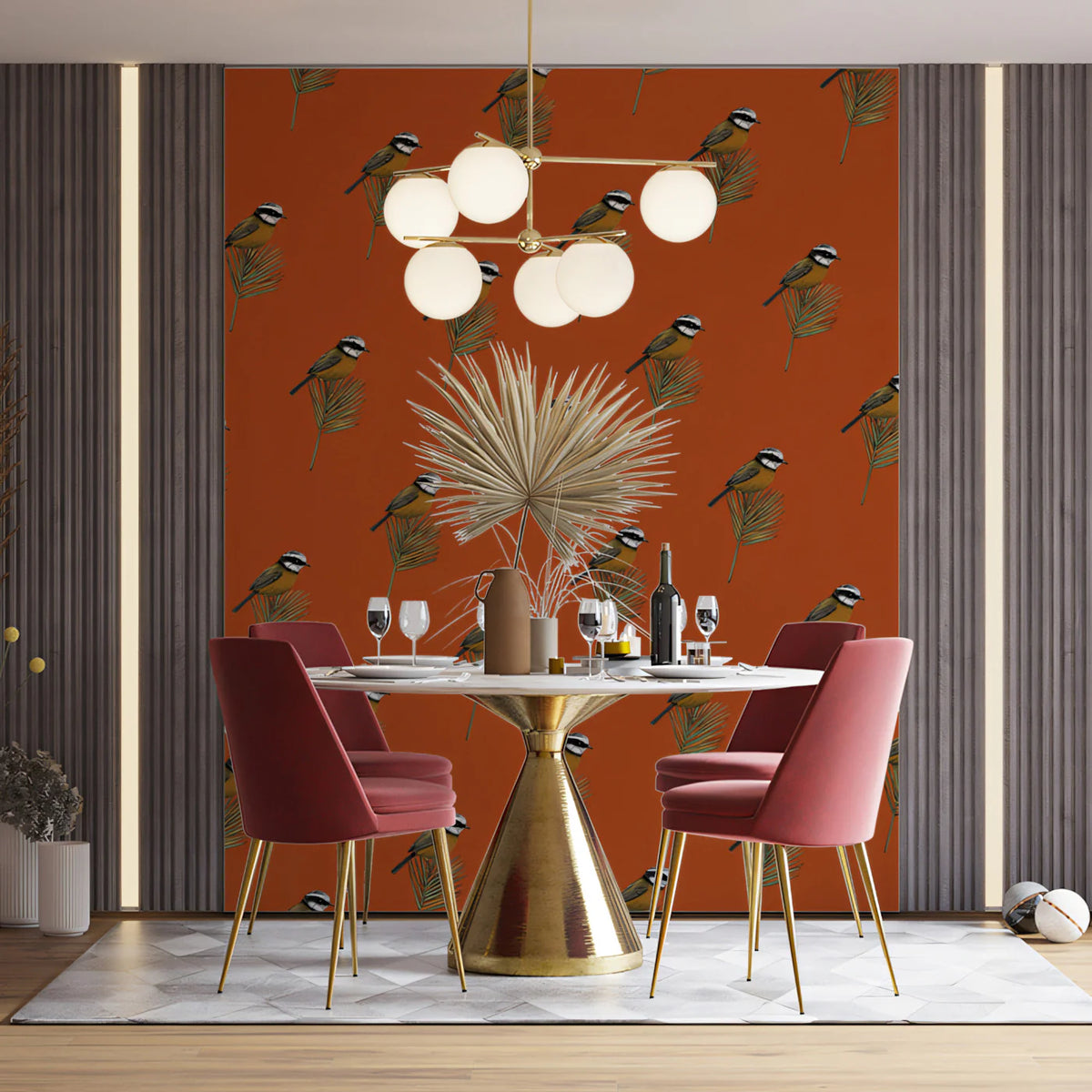 Small Botanical Bird Mural Wallpaper — Burnt Orange Folk Art Mural Wallpaper - pure wallpaper artwork