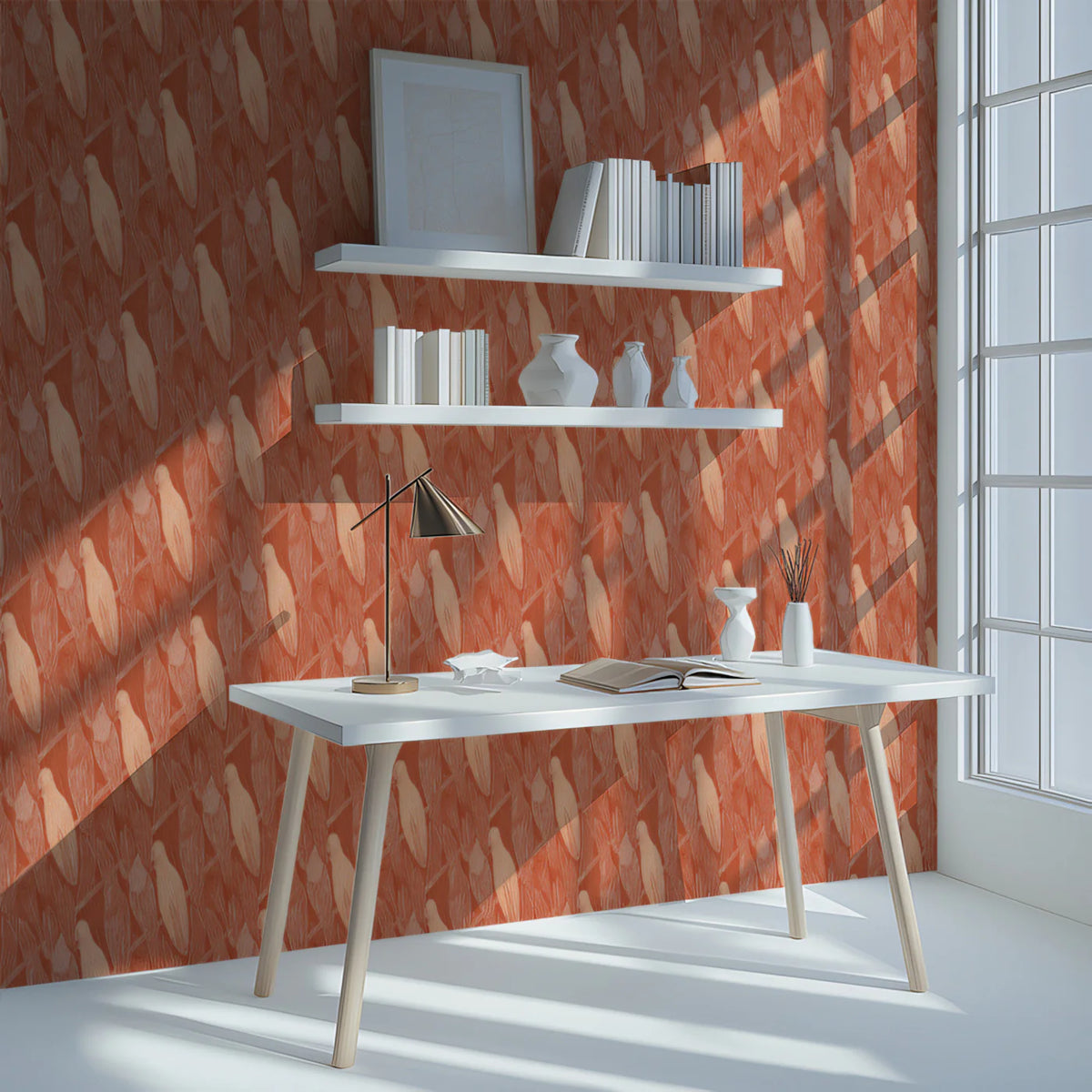 Stylized Bird Mural Wallpaper — Terracotta Botanical Pattern Mural Wallpaper - pure wallpaper artwork