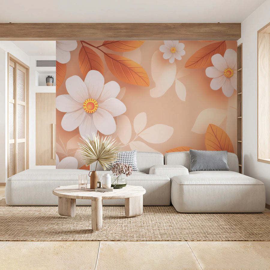Abstract Floral Mural Wallpaper in Warm Apricot and White Mural Wallpaper