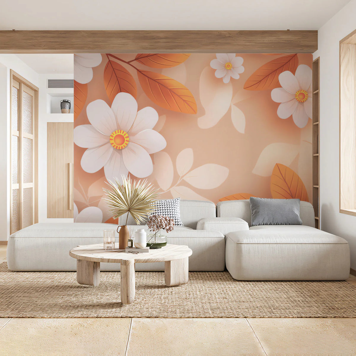 Abstract Floral Mural Wallpaper in Warm Apricot and White Mural Wallpaper - pure wallpaper artwork