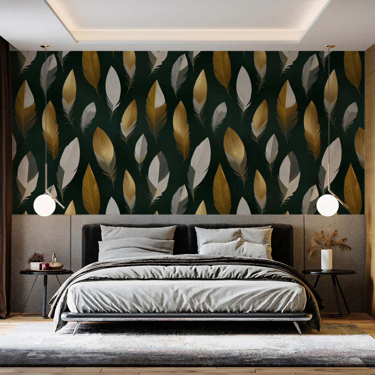 Gilded Feather Mural Wallpaper — Modern Metallic Botanical Mural Wallpaper - pure wallpaper artwork