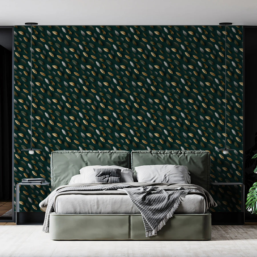 Small Botanical Seed Mural Wallpaper in Deep Forest Green and Gold Mural Wallpaper