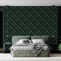 Small Botanical Seed Mural Wallpaper in Deep Forest Green and Gold Mural Wallpaper - pure wallpaper artwork