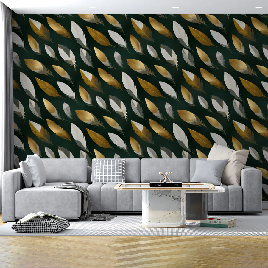 Gilded Feather Pattern Mural Wallpaper — Deep Green Botanical Mural Wallpaper