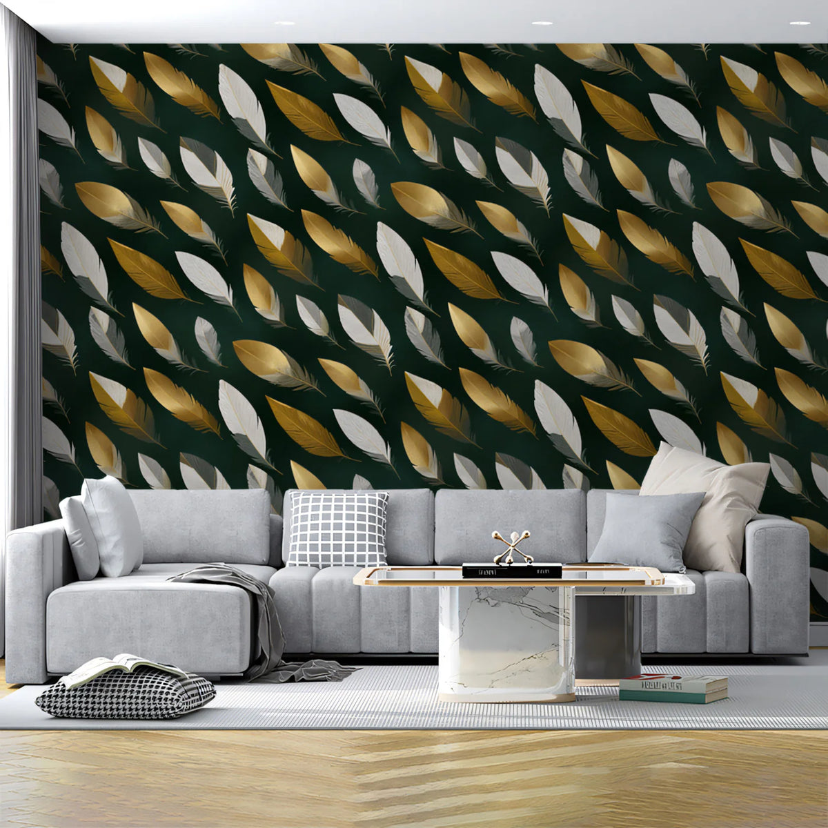 Gilded Feather Pattern Mural Wallpaper — Deep Green Botanical Mural Wallpaper - pure wallpaper artwork