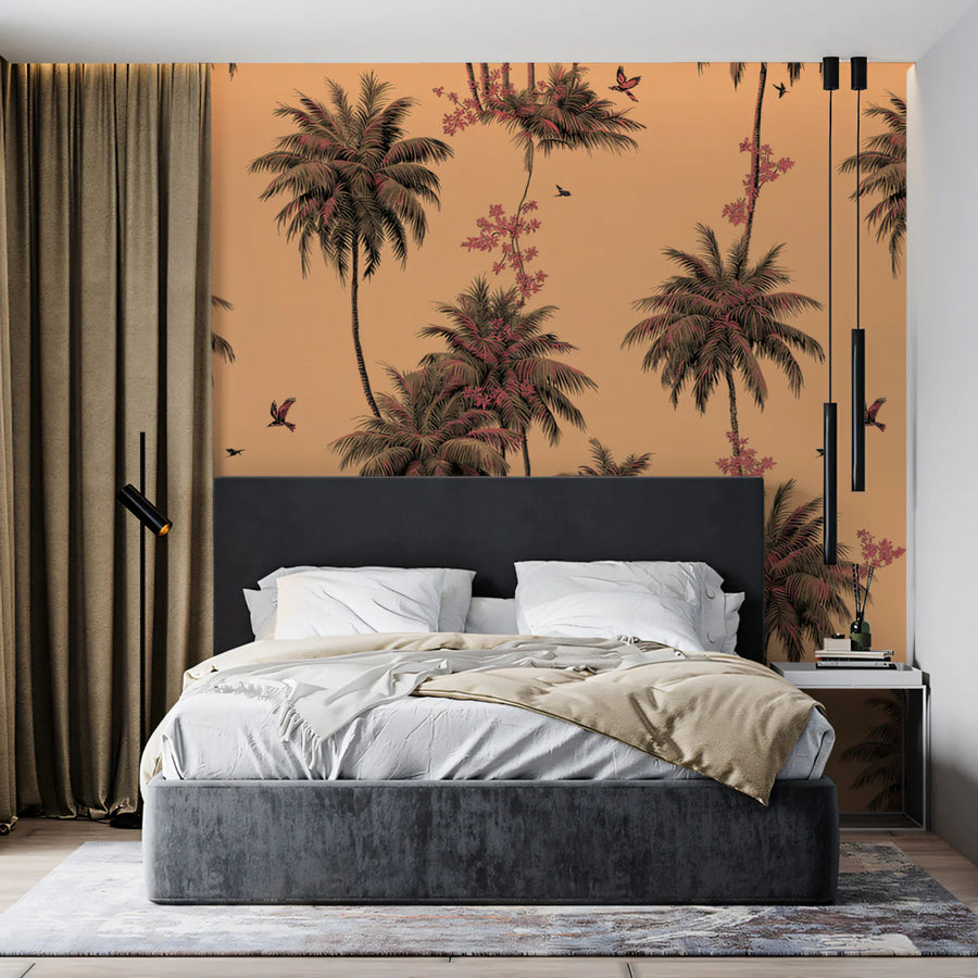 Vintage Palm Tree Mural Wallpaper — Soft Peach and Earthy Tones Mural Wallpaper