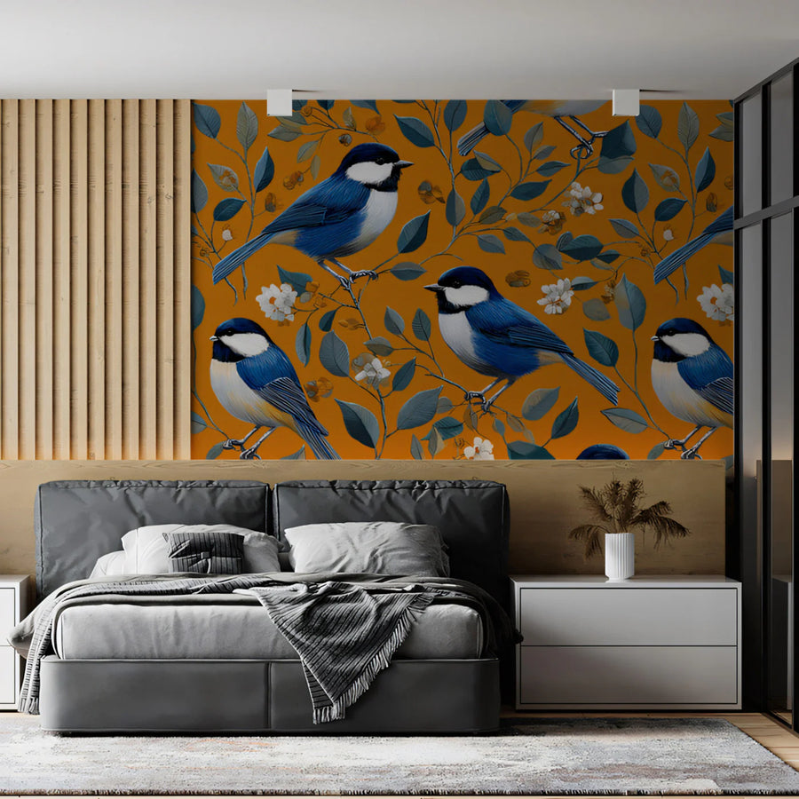 Blue Songbird Mural Wallpaper — Vintage Mustard Floral Print Mural Wallpaper
