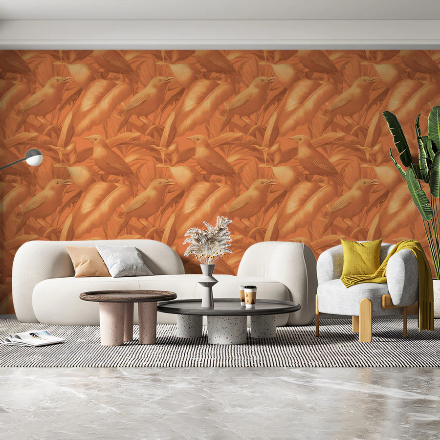 Monochromatic Bird and Leaf Mural Wallpaper —Warm Rustic Botanical Mural Wallpaper