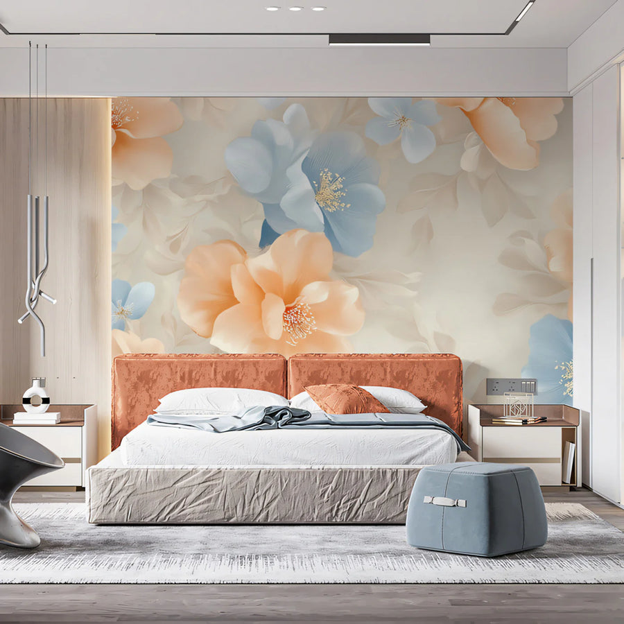 Blossom Bloom Mural Wallpaper — Soft Peach and Sky Blue Floral Mural Wallpaper
