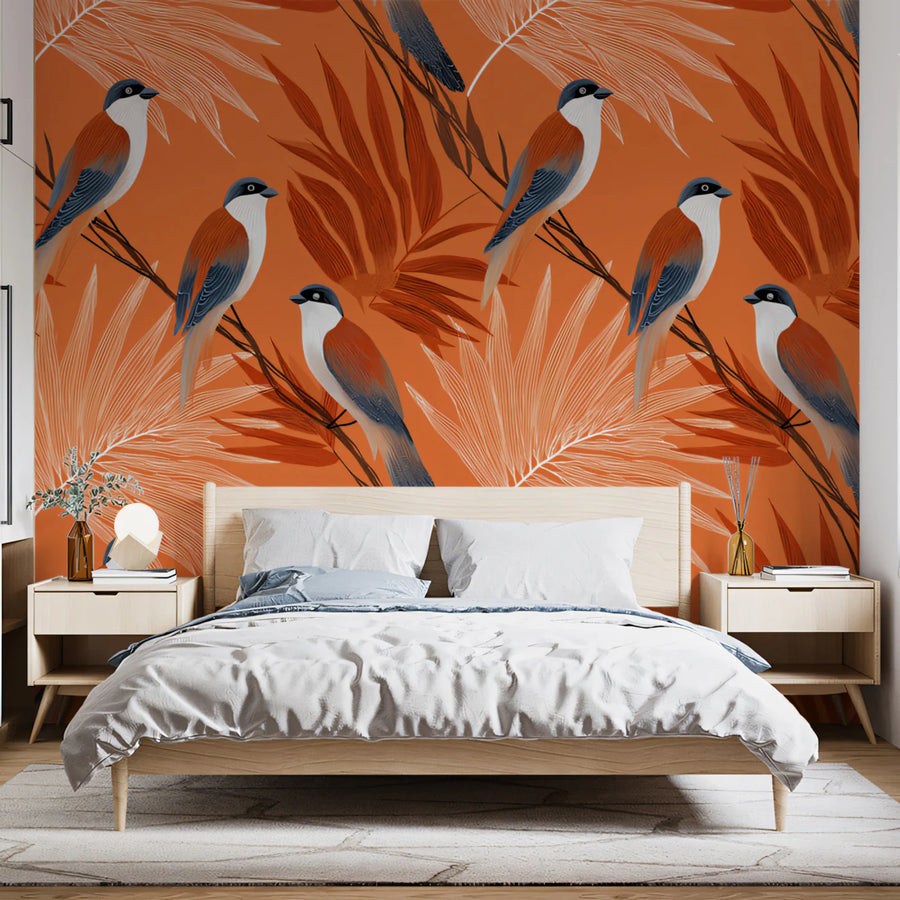 Birds and Botanical Leaf Mural Wallpaper — Vibrant Terracotta Print Mural Wallpaper