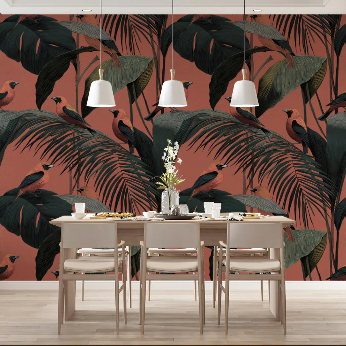 Tropical Bird and Palm Frond Mural Wallpaper in Terracotta Mural Wallpaper - pure wallpaper artwork