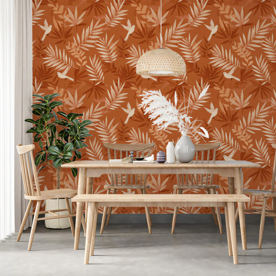 Small-Scale Tropical Bird Mural Wallpaper — Warm Terracotta Print Mural Wallpaper