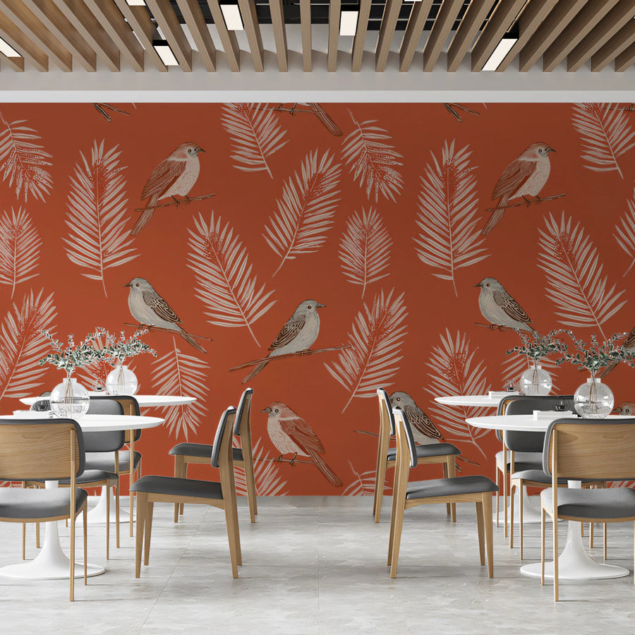 Rustic Bird and Botanical Mural Wallpaper — Warm Terracotta Mural Wallpaper