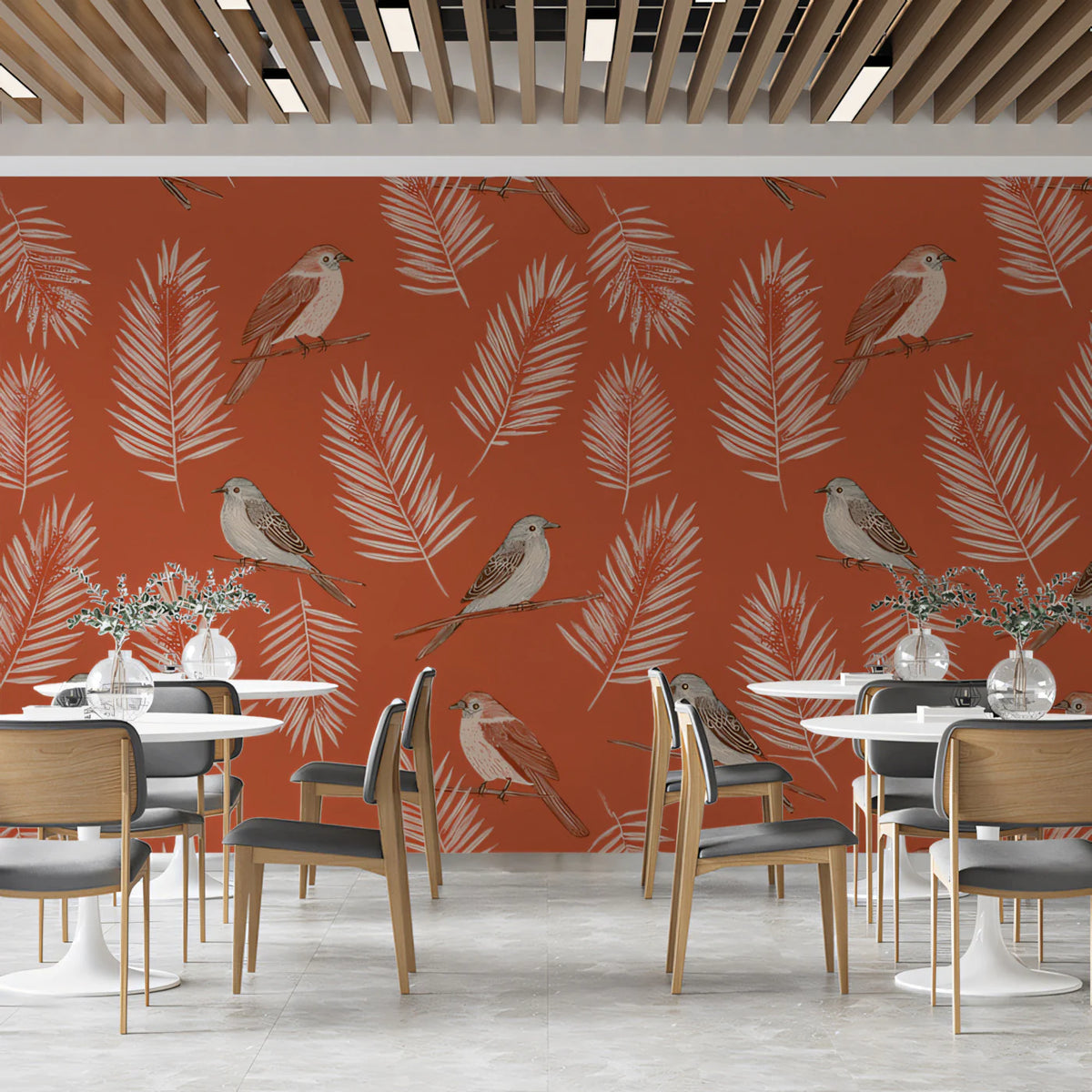 Rustic Bird and Botanical Mural Wallpaper — Warm Terracotta Mural Wallpaper - pure wallpaper artwork