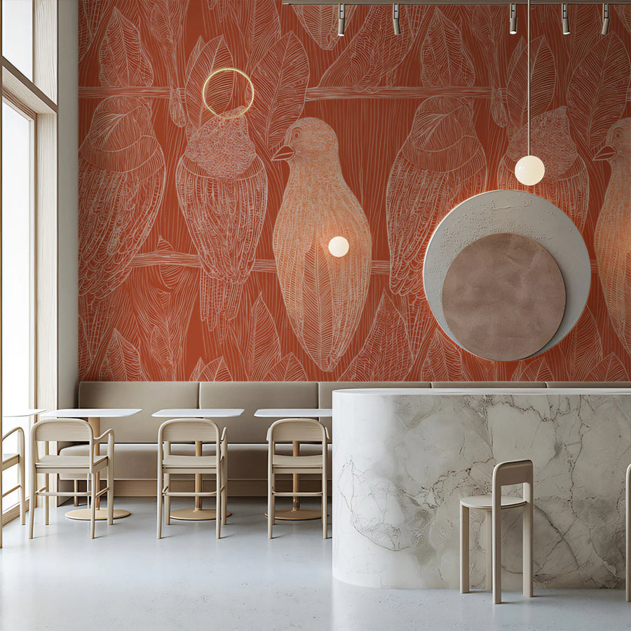 Stylized Bird and Feather Mural Wallpaper — Warm Terracotta Print Mural Wallpaper