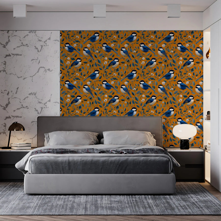 Vintage Blue Bird Mural Wallpaper — Traditional Floral Pattern Mural Wallpaper