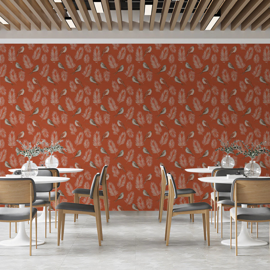 Terracotta Botanical Bird Mural Wallpaper — Classic Small-Scale Print Mural Wallpaper