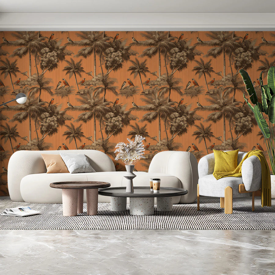 Tropical Birds and Palms Mural Wallpaper — Terracotta Botanical Mural Wallpaper