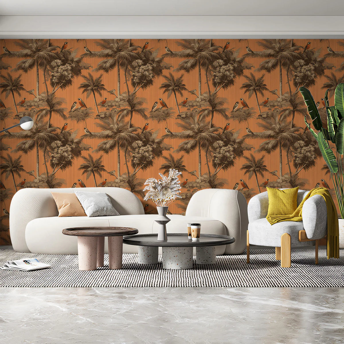 Tropical Birds and Palms Mural Wallpaper — Terracotta Botanical Mural Wallpaper - pure wallpaper artwork