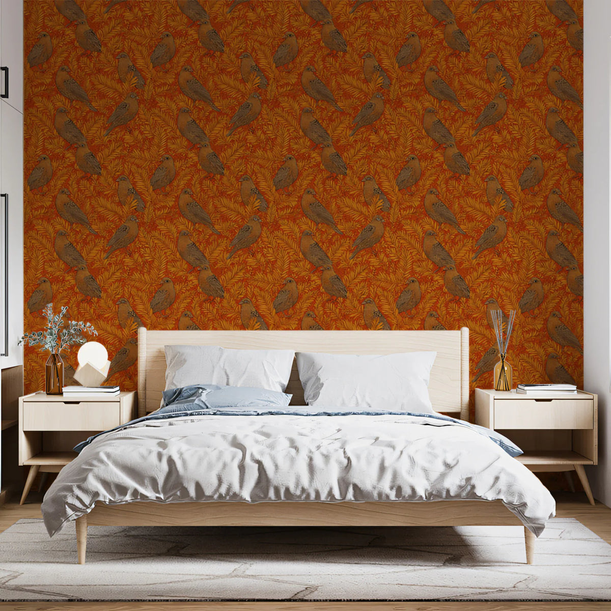 Vintage Botanical Bird Mural Wallpaper in Burnt Orange and Gold Mural Wallpaper - pure wallpaper artwork