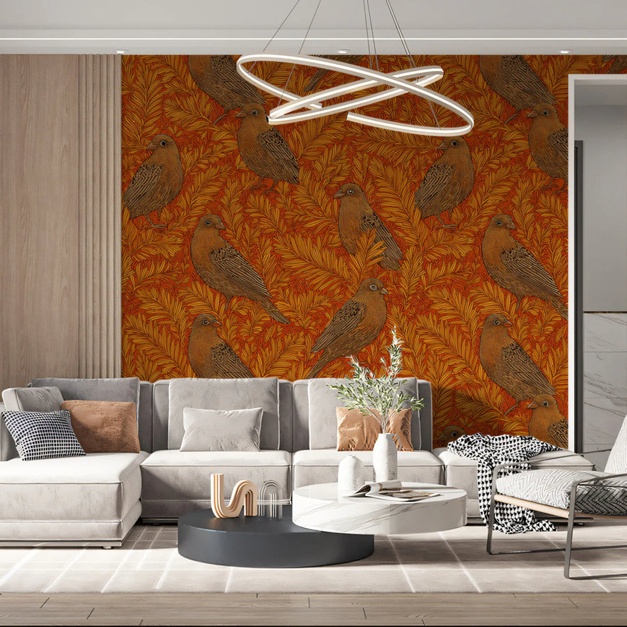 Vintage Botanical Bird Mural Wallpaper —Warm Autumnal Print Mural Wallpaper