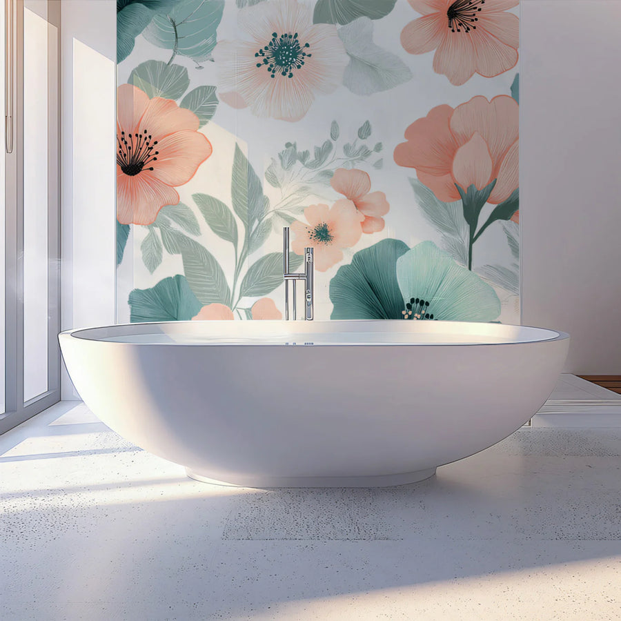 Teal and Peach Floral Mural Wallpaper — Painterly Botanical Design Mural Wallpaper