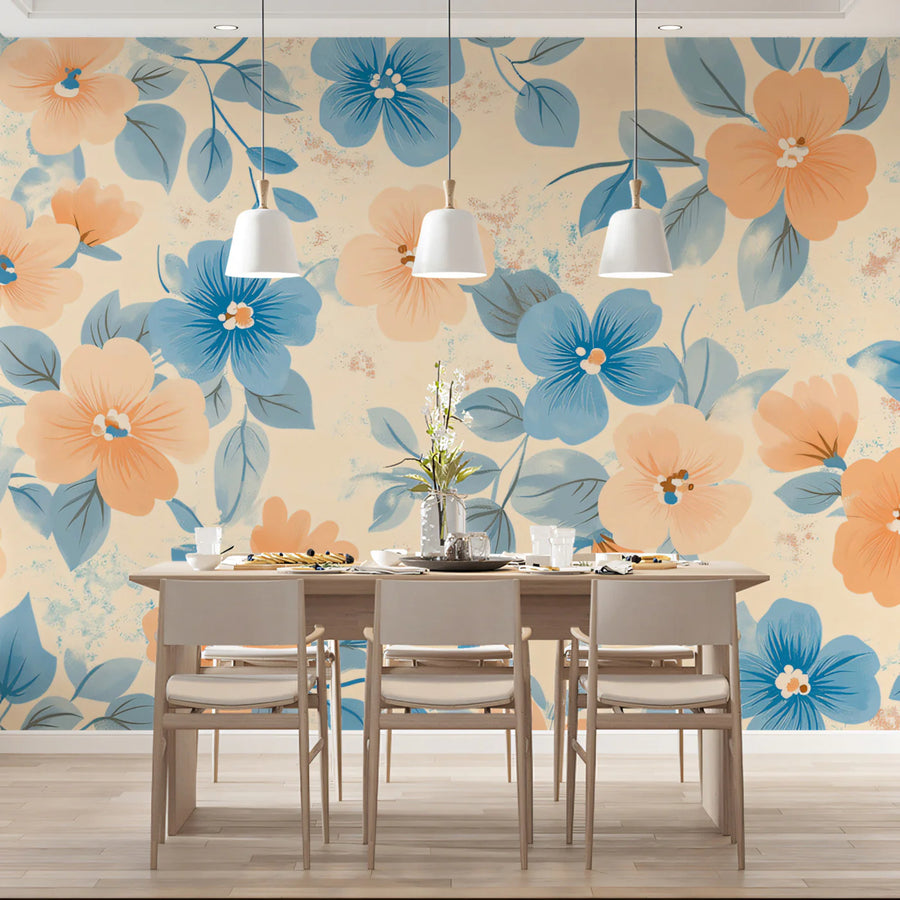Peach and Blue Floral Mural Wallpaper — Soft Painterly Bloom Mural Wallpaper