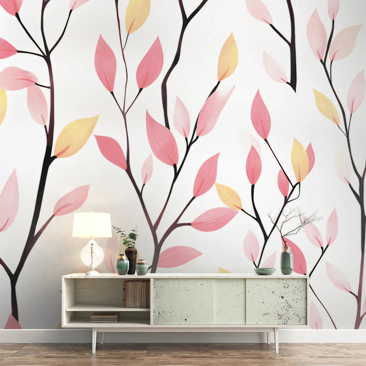 Minimalist Botanical Branch Mural Wallpaper — Pink and Yellow Mural Wallpaper - pure wallpaper artwork