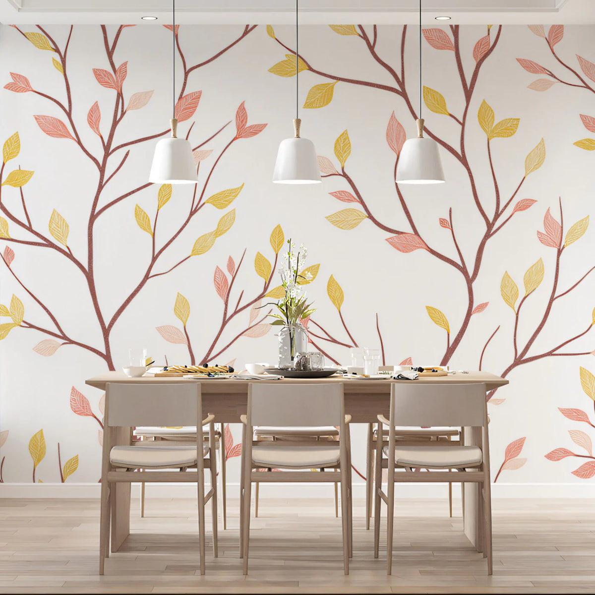 Minimalist Twig and Leaf Mural Wallpaper — Soft Botanical Print Mural Wallpaper - pure wallpaper artwork