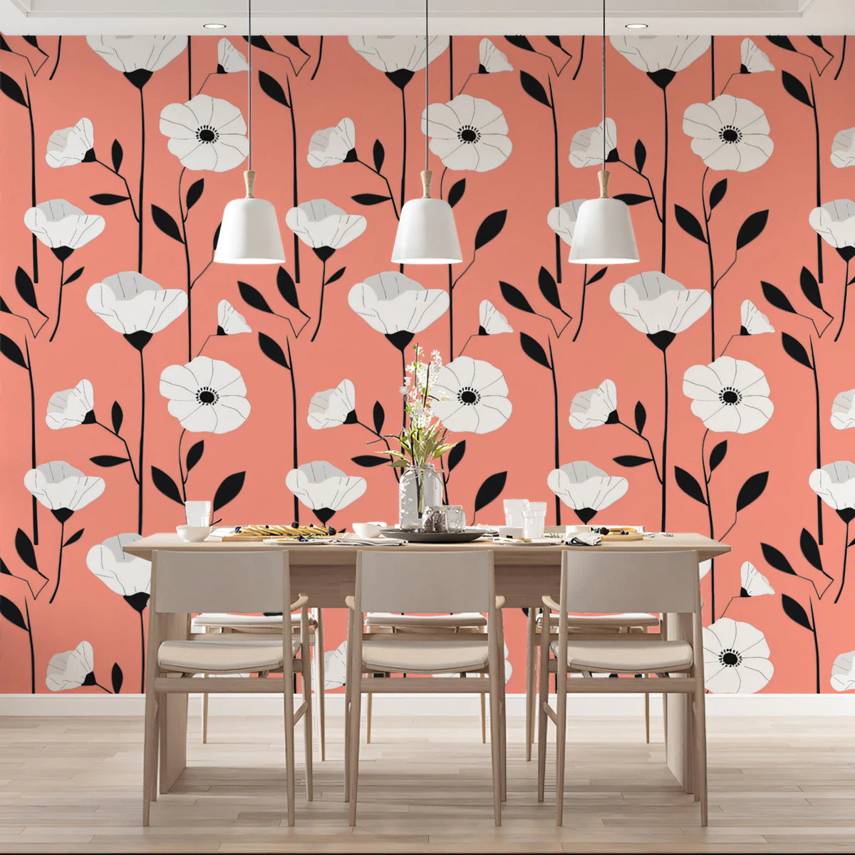 Graphic Floral Mural Wallpaper in Coral and Black Mural Wallpaper - pure wallpaper artwork