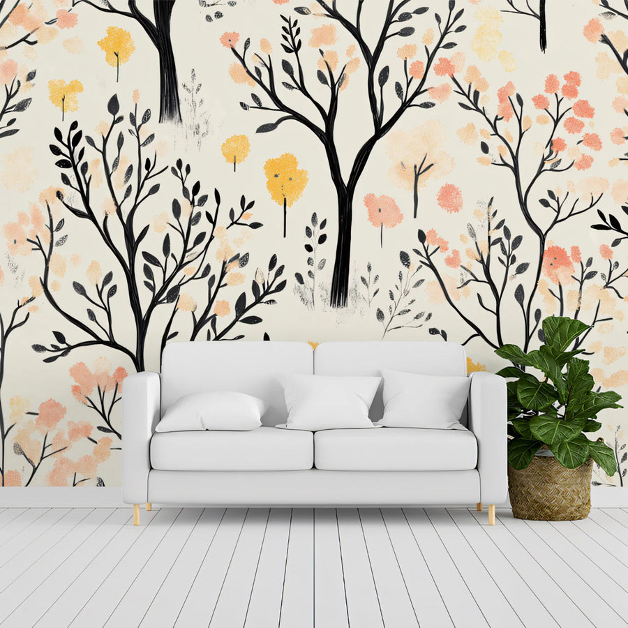 Abstract Forest Blossom Mural Wallpaper — Whimsical Hand-Painted Art Mural Wallpaper