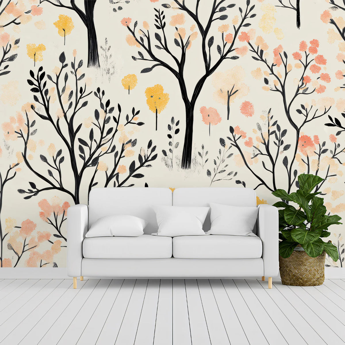 Abstract Forest Blossom Mural Wallpaper — Whimsical Hand-Painted Art Mural Wallpaper - pure wallpaper artwork