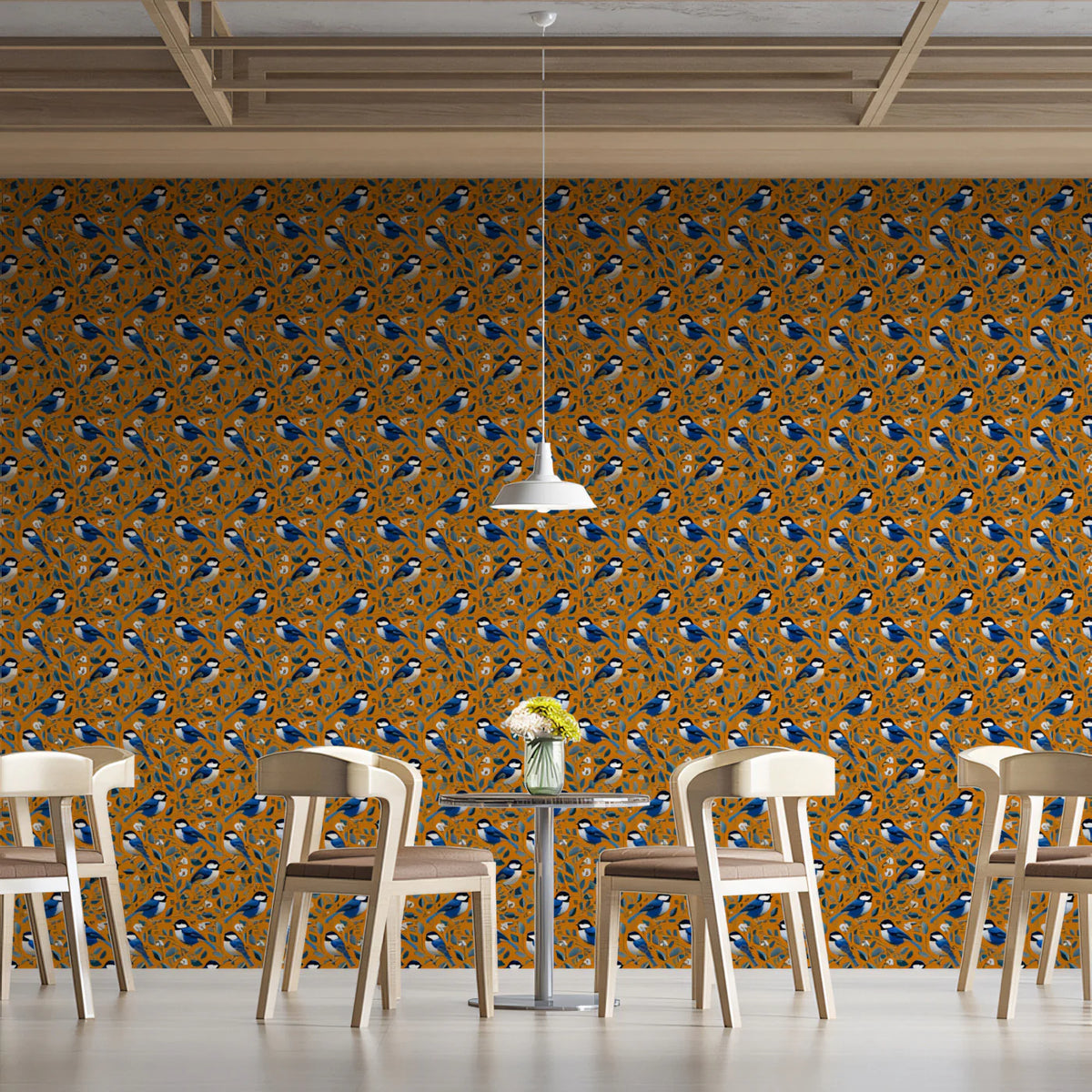 Vintage Blue Bird Mural Wallpaper —Traditional Botanical Pattern Mural Wallpaper - pure wallpaper artwork