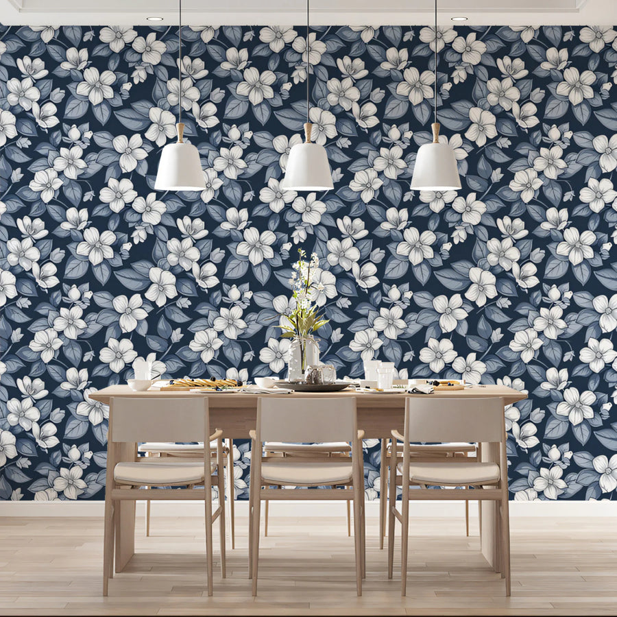 Indigo Floral Mural Wallpaper — Traditional Botanical Print Mural Wallpaper