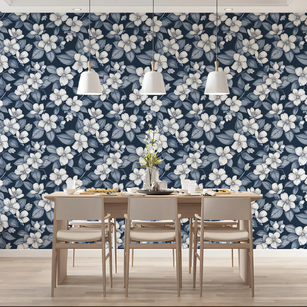 Indigo Floral Mural Wallpaper — Traditional Botanical Print Mural Wallpaper - pure wallpaper artwork