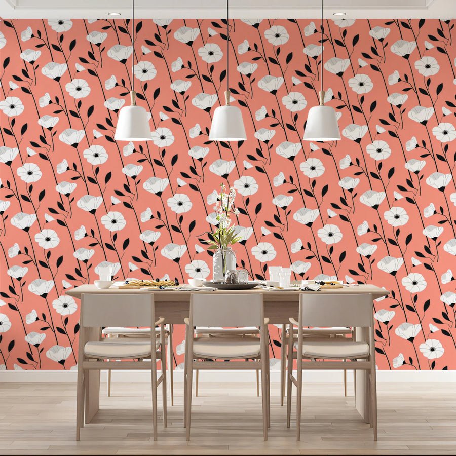 Graphic Poppy Floral Mural Wallpaper — Modern Coral and Black Print Mural Wallpaper