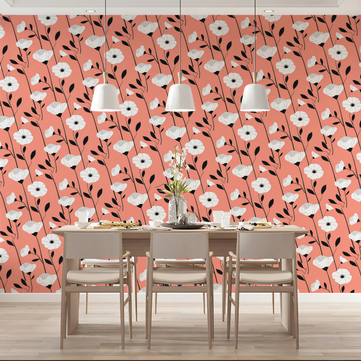 Graphic Poppy Floral Mural Wallpaper — Modern Coral and Black Print Mural Wallpaper - pure wallpaper artwork
