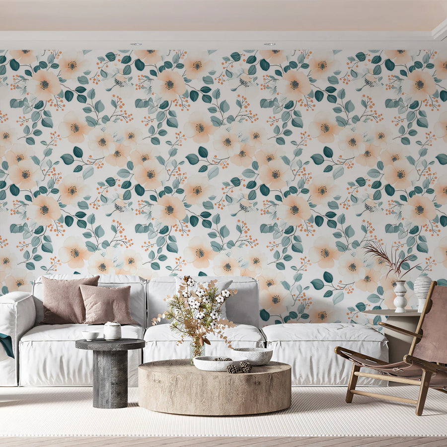Soft Watercolor Floral Mural Wallpaper — Gentle Botanical Print Mural Wallpaper