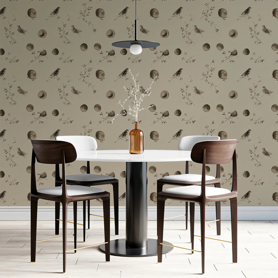 Celestial Bird and Moon Mural Wallpaper —Vintage Sepia Tones Mural Wallpaper