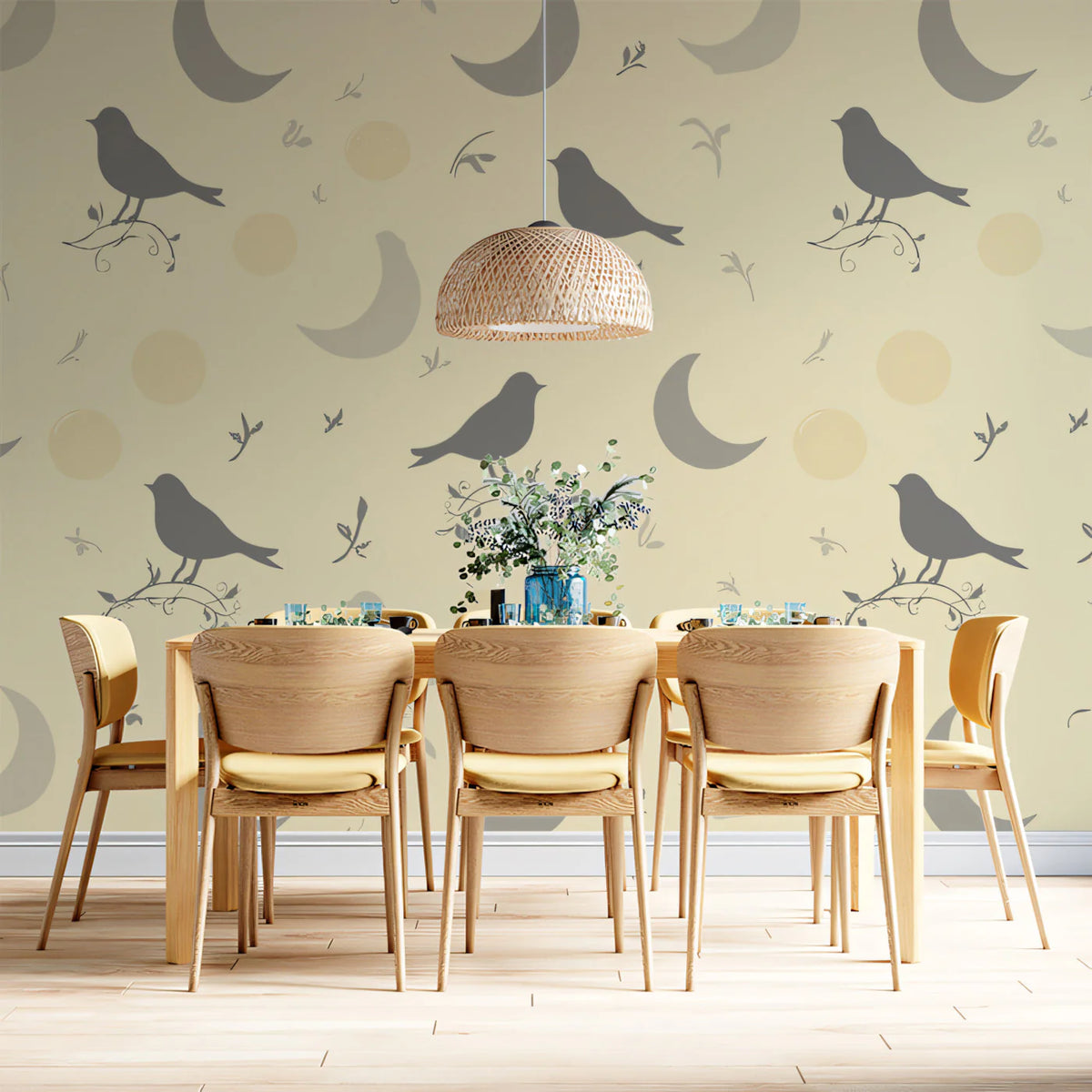 Stylized Bird and Crescent Moon Mural Wallpaper — Soft Cream Mural Wallpaper - pure wallpaper artwork