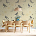 Stylized Bird and Crescent Moon Mural Wallpaper — Soft Cream Mural Wallpaper - pure wallpaper artwork